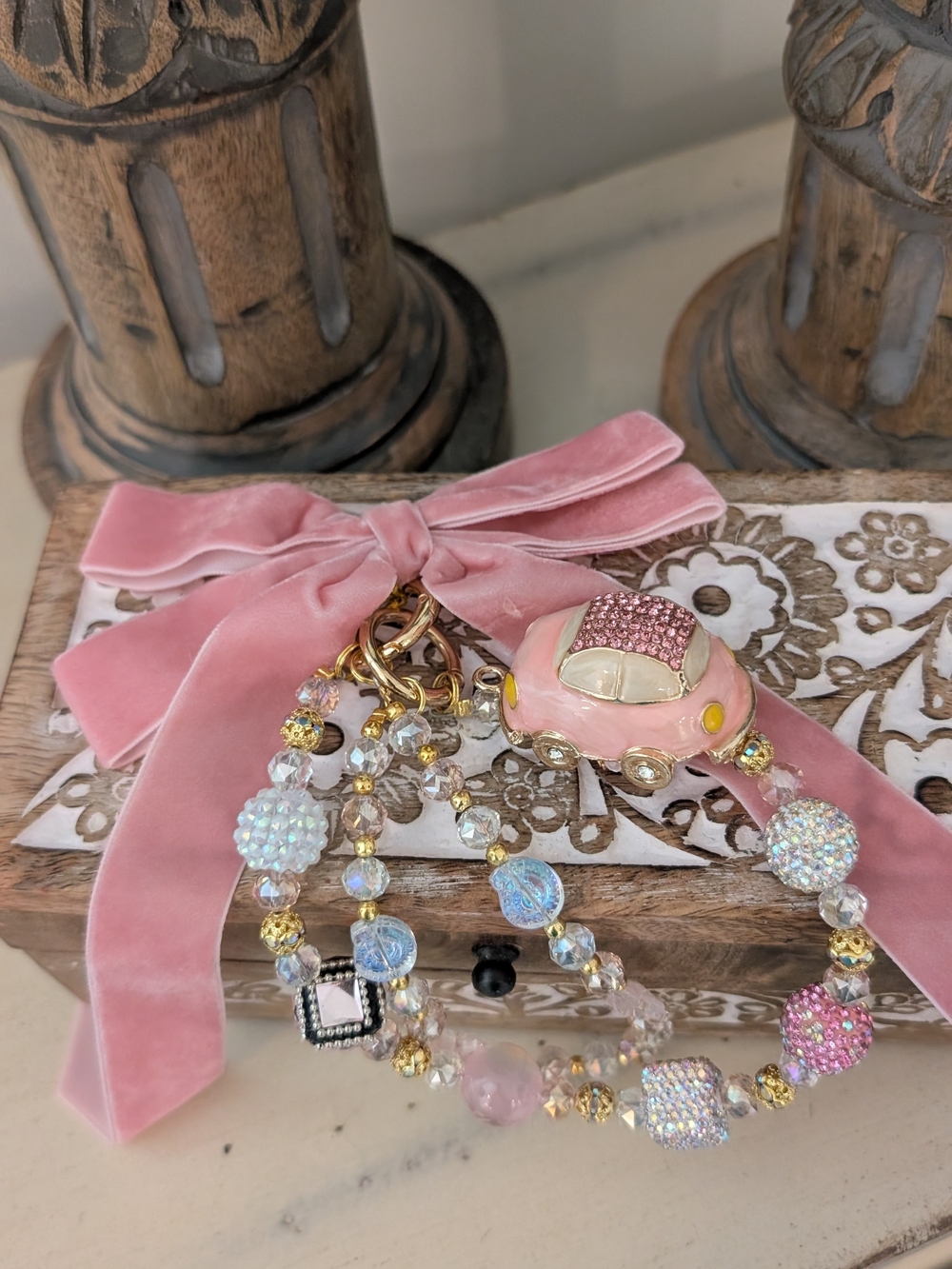 Pink Crystal Beaded Bag Charm With pink car & Bow.